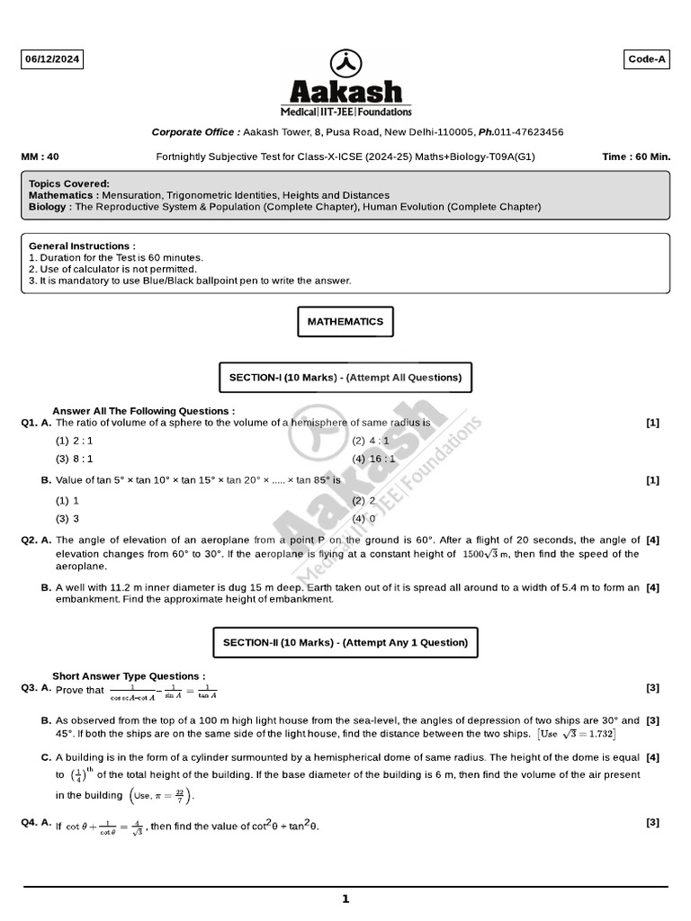 FST-9A (ICSE-G-1) Math Bio (C-10) 12-12-2024 | PDF