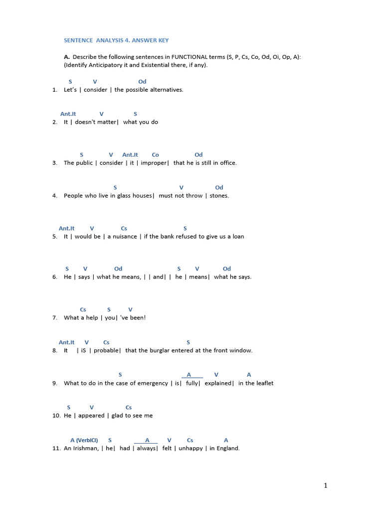 4 Sentence Analysis. Answer Key | PDF
