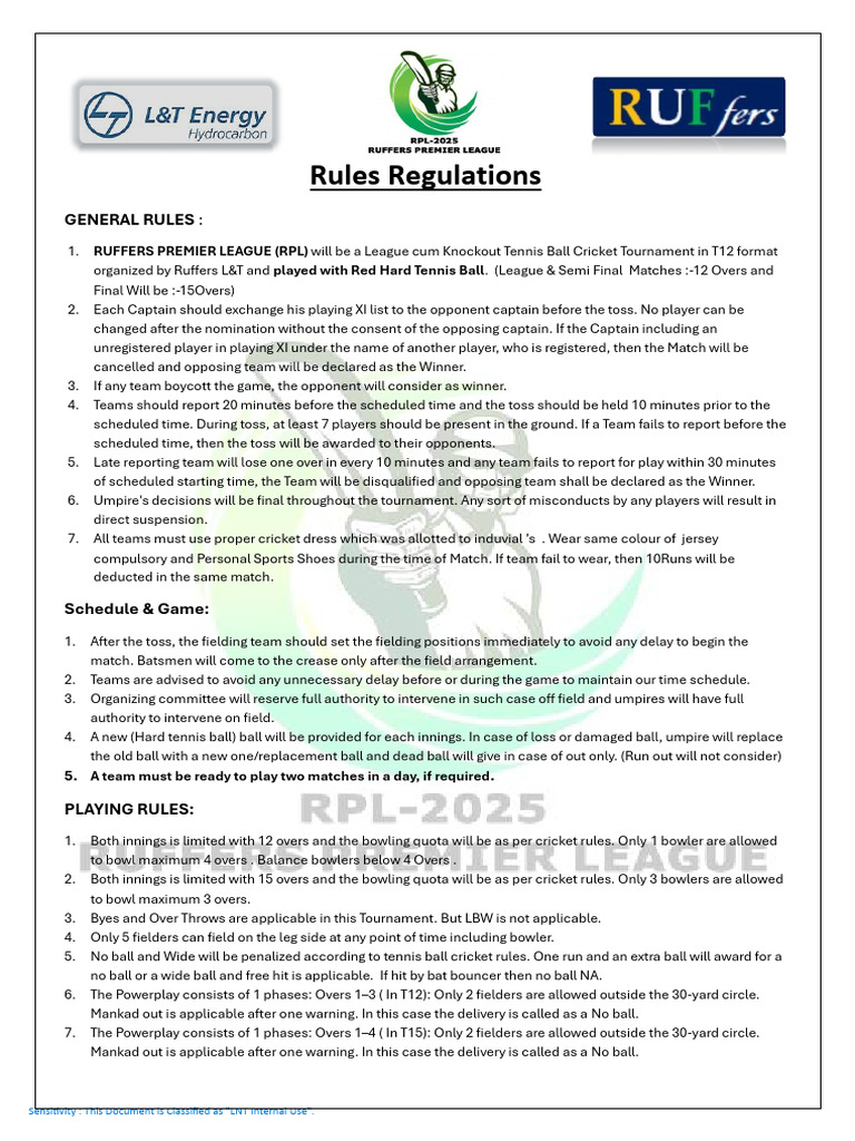 RPL Tennis Ball Cricket Tournament Rules | PDF | Bowling (Cricket ...