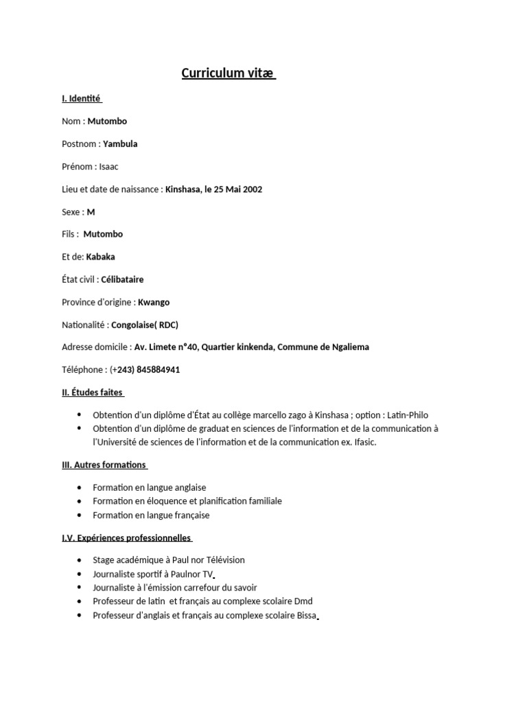 Curriculum Vitæ d'Isaac Mutombo | PDF