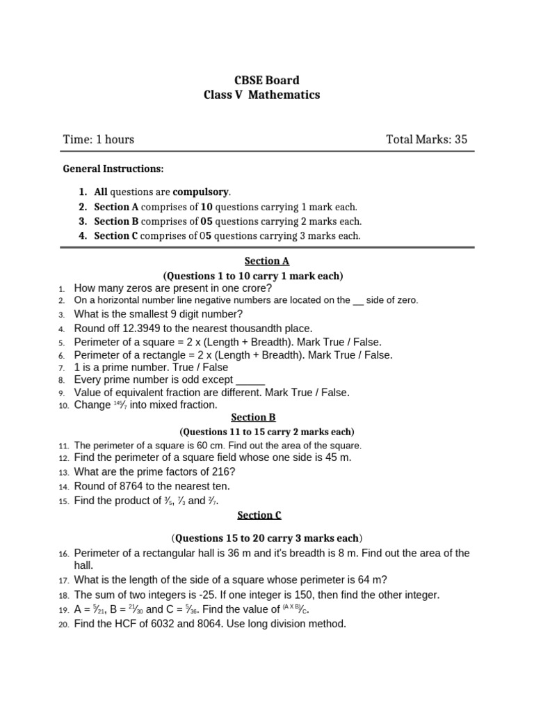 CBSE Class V Math Exam Paper | PDF