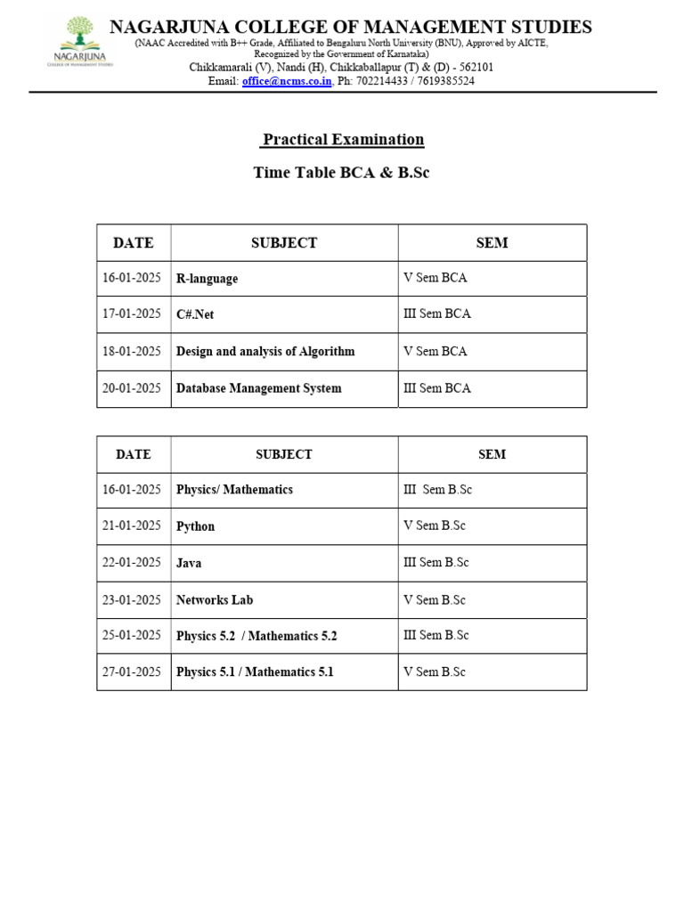 Pratical Exam Time Table (BCA & B.sc) | PDF