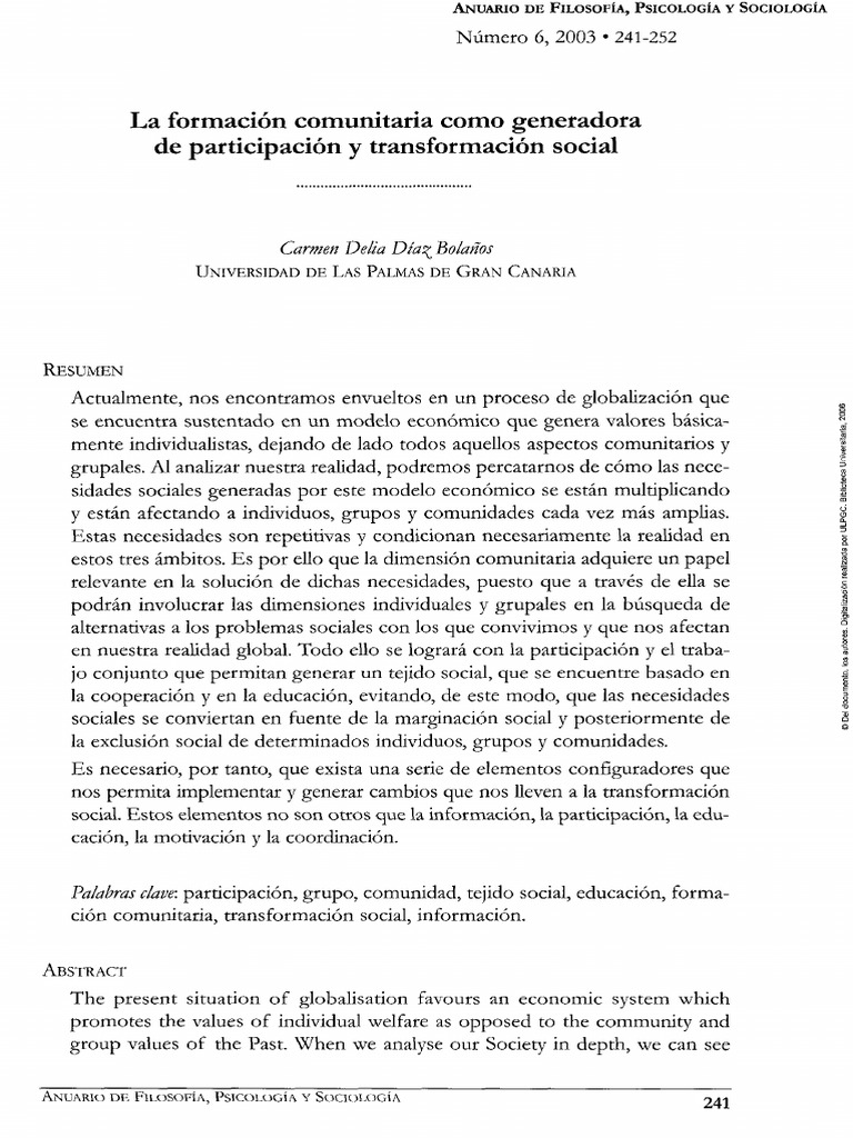 La Formación Comunitaria Como Generadora de Participación y ...