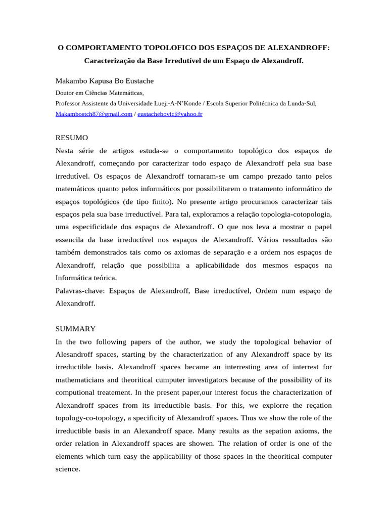 Caracterização Da Base Irredutível de Um Espaço de Alexandroff. | PDF ...