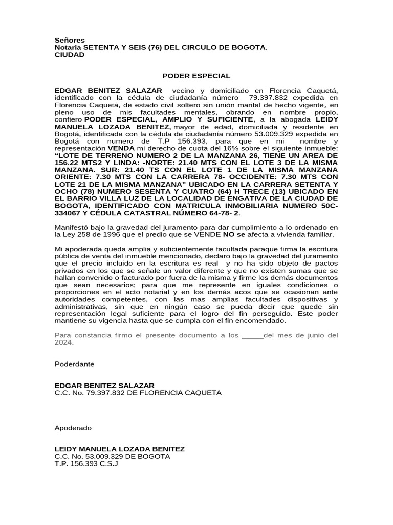 Poder Especial para Venta de Inmueble | PDF