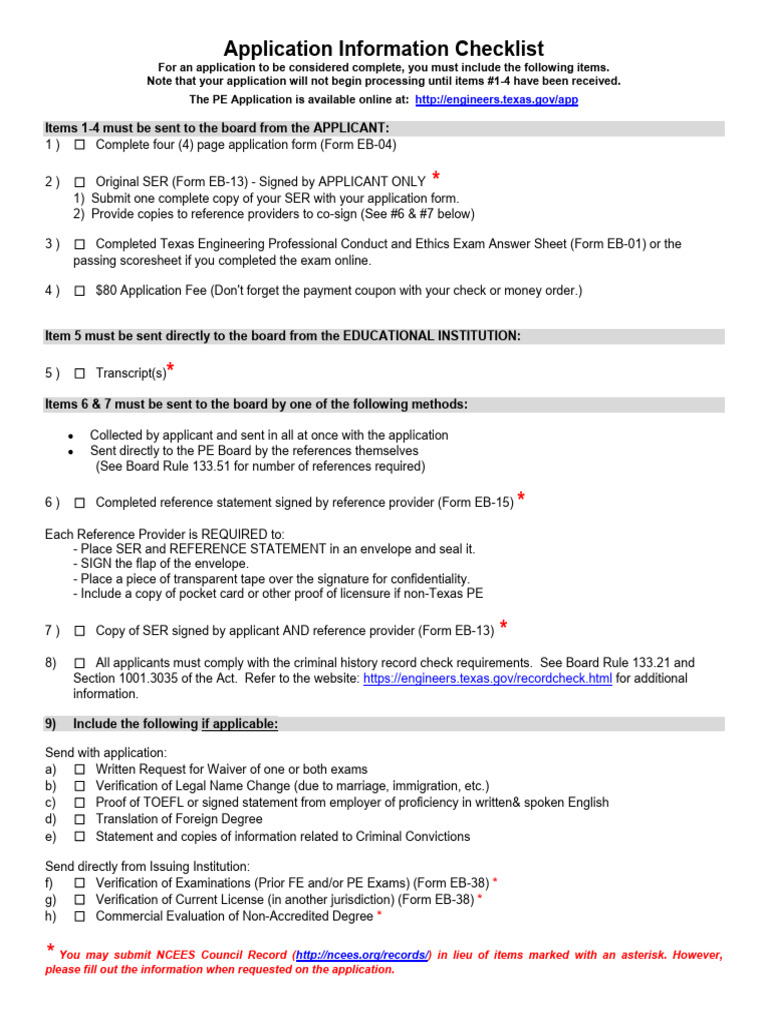 PE Application Checklist | PDF