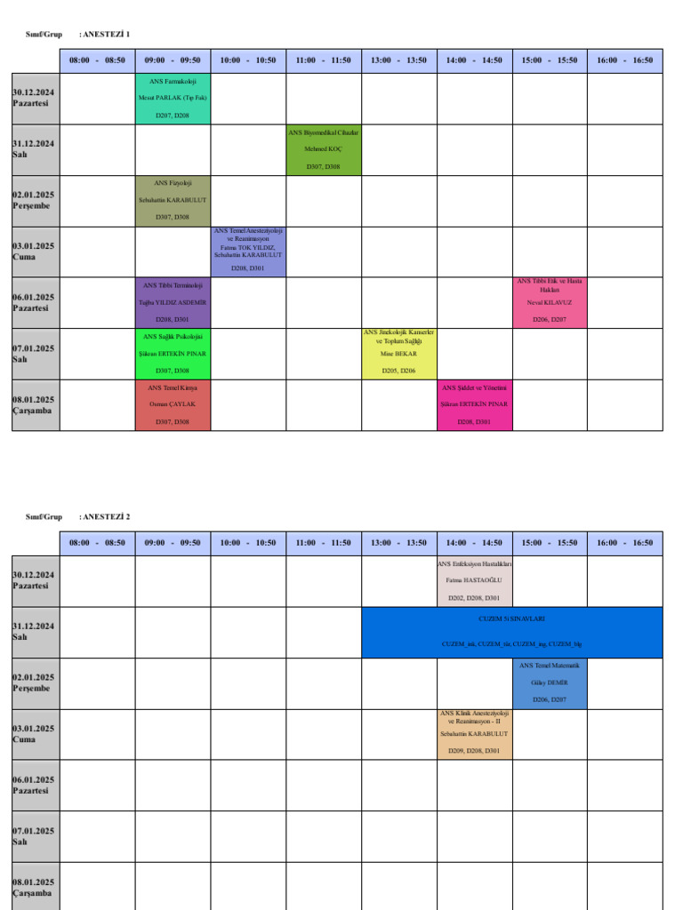 Anestezi Programi Final Takvimi | PDF