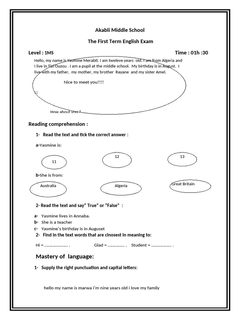 Akabli Middle School English Exam Guide | PDF