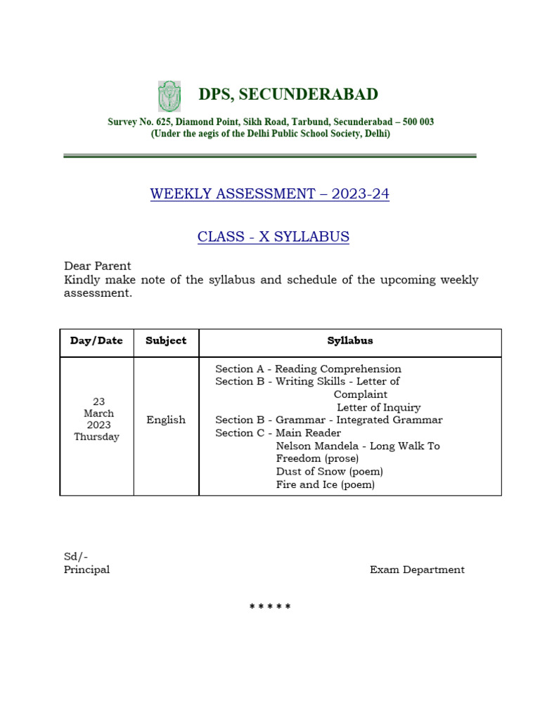 Weekly Assessment Syllabus Class X | PDF