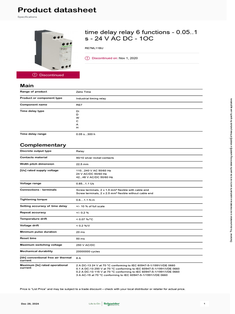 Zelio Time Delay Relay RE7ML11BU Specs | PDF | Relay | Alternating Current