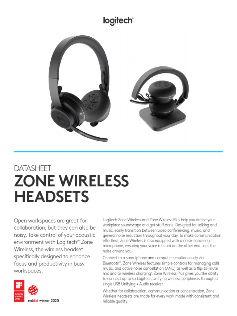 Logitech Zone Wireless Headset Datasheet | PDF | Microphone | Electronics