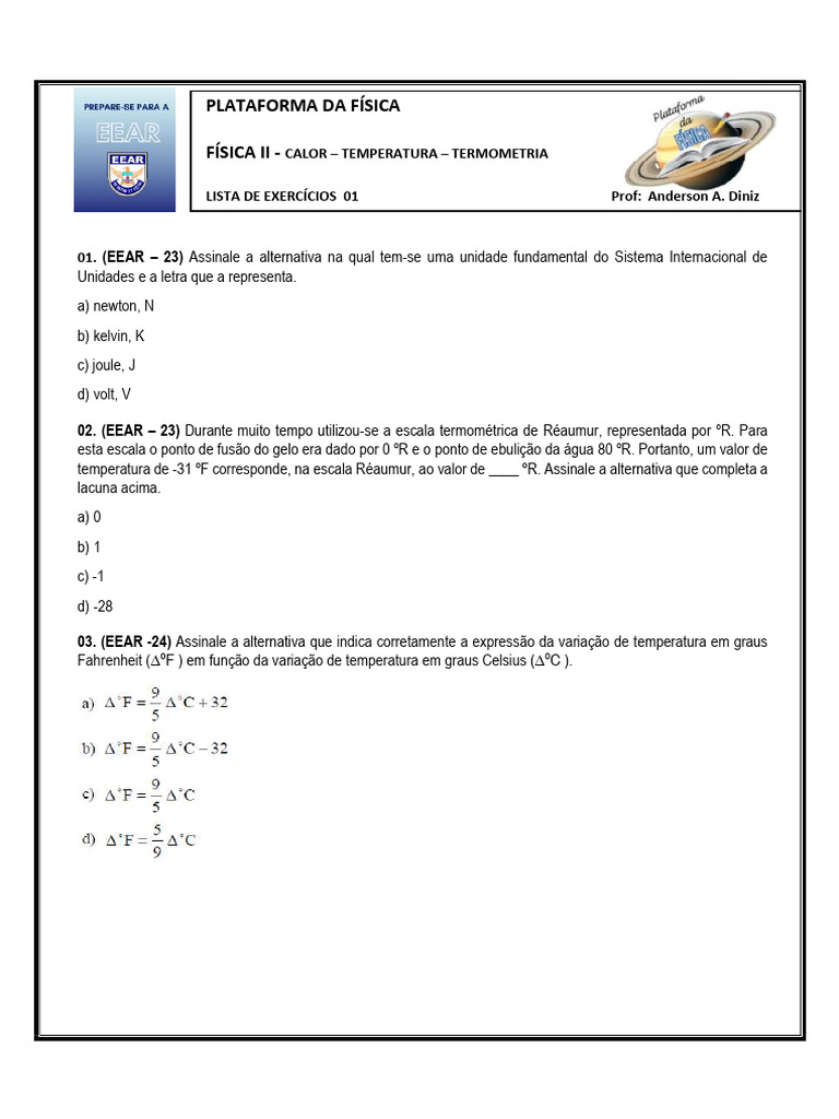 Exercícios de Física: Calor e Termometria | PDF | Temperatura | Celsius
