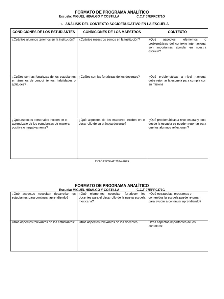 Programa Analítico Escolar 2024-2025 | PDF | Plan de estudios | Escuelas