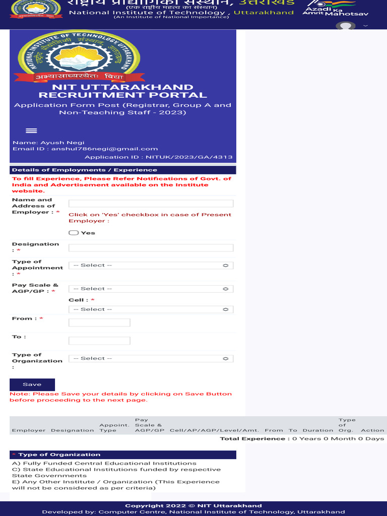 NIT Uttarakhand Recruitment Application Form | PDF
