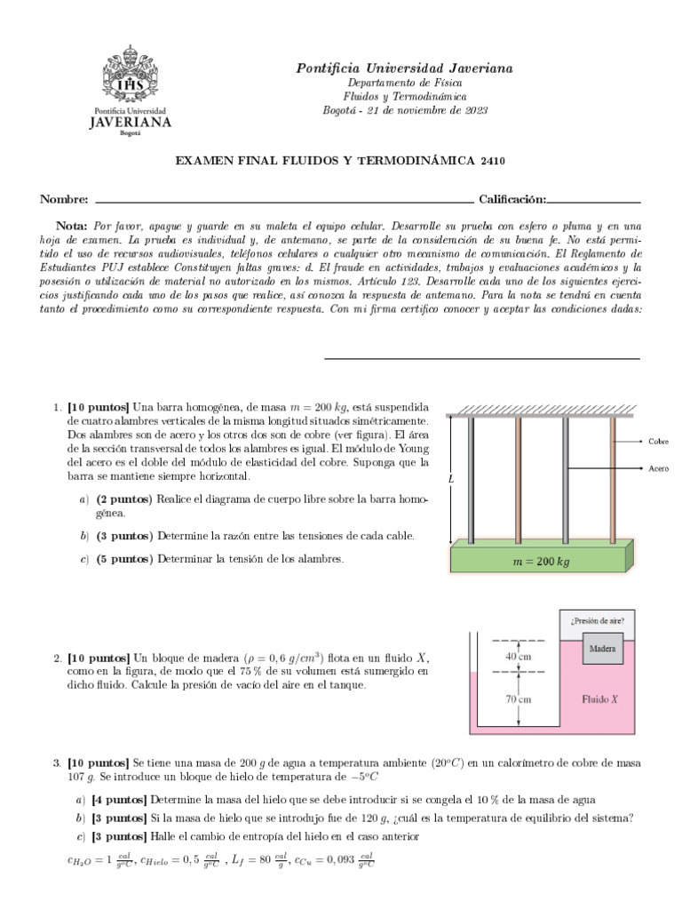Examen Final: Fluidos y Termodinámica 2410 | PDF | Temperatura | Gases
