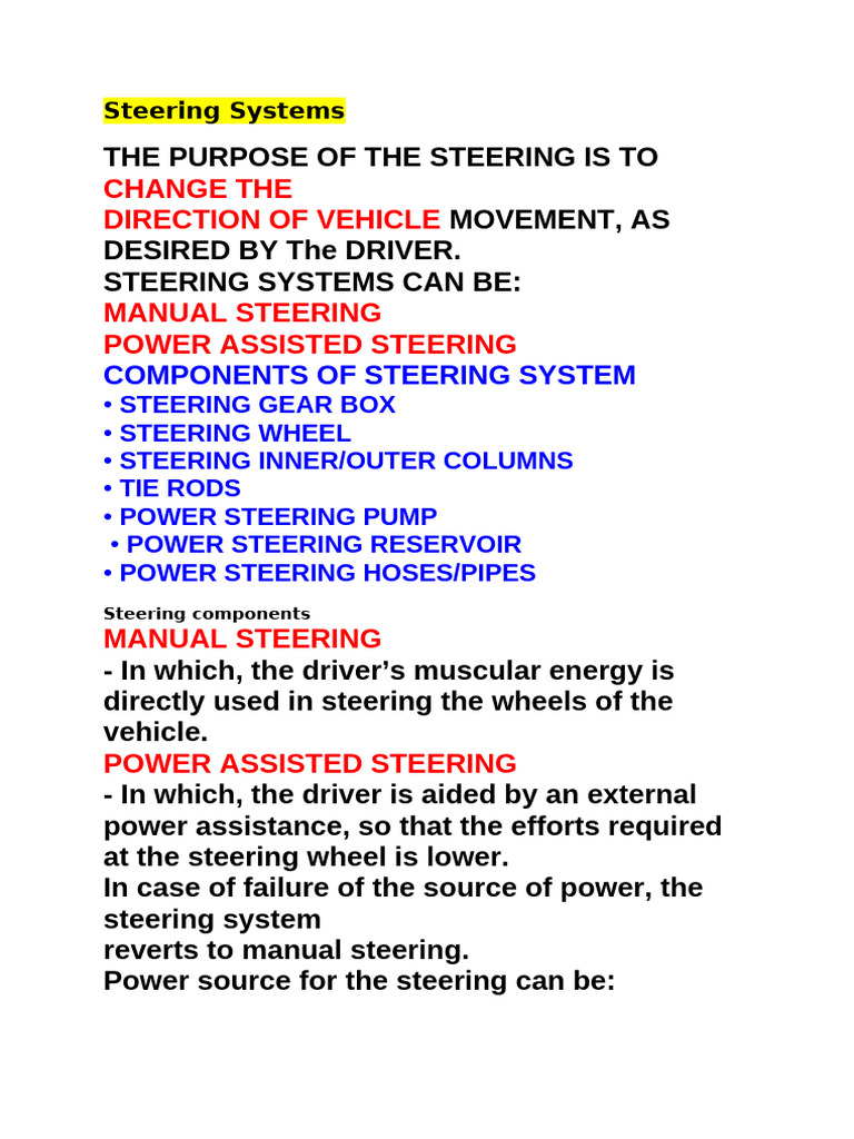 Types and Components of Steering Systems | PDF | Steering | Gear