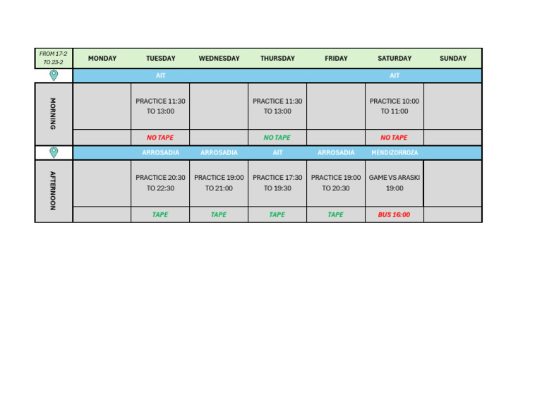 Weekly Practice and Game Schedule | PDF