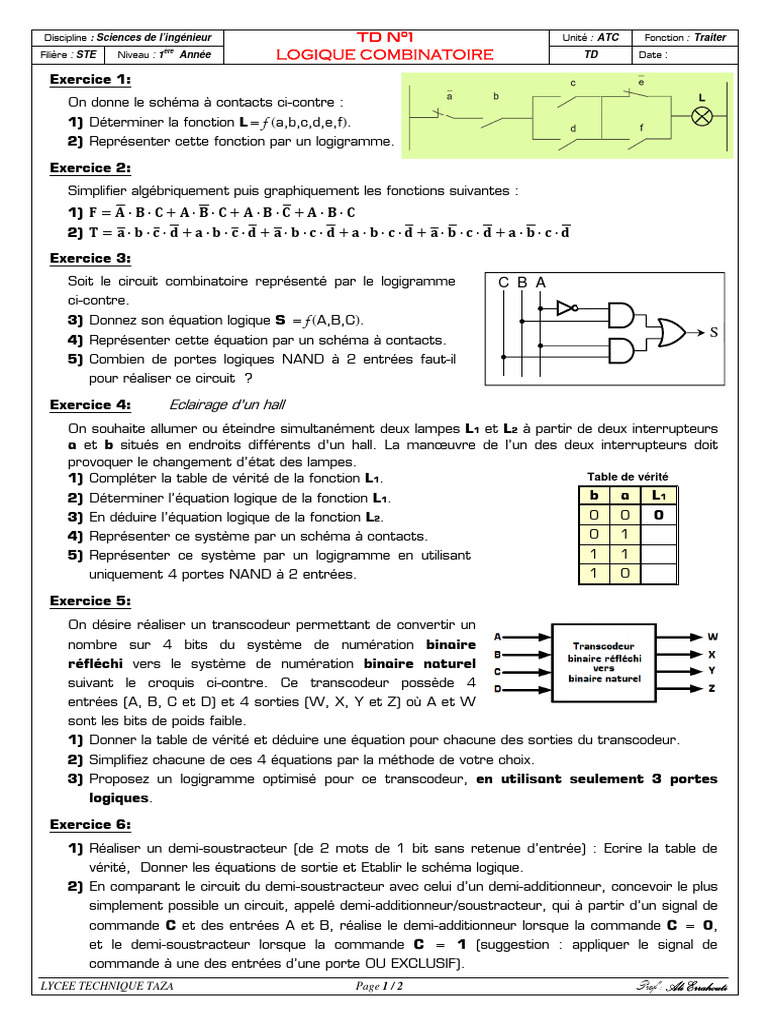 TD Logique Combinatoire Bac Technique | PDF