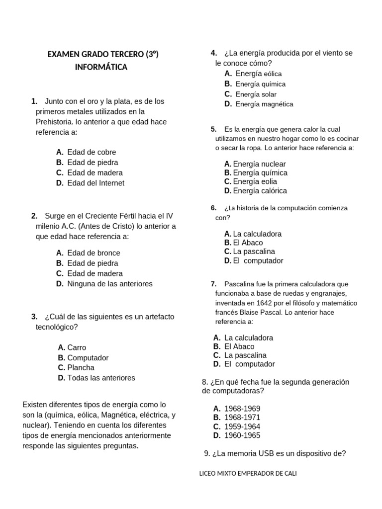 Examen de Informática para Tercer Grado | PDF | Hardware de la ...