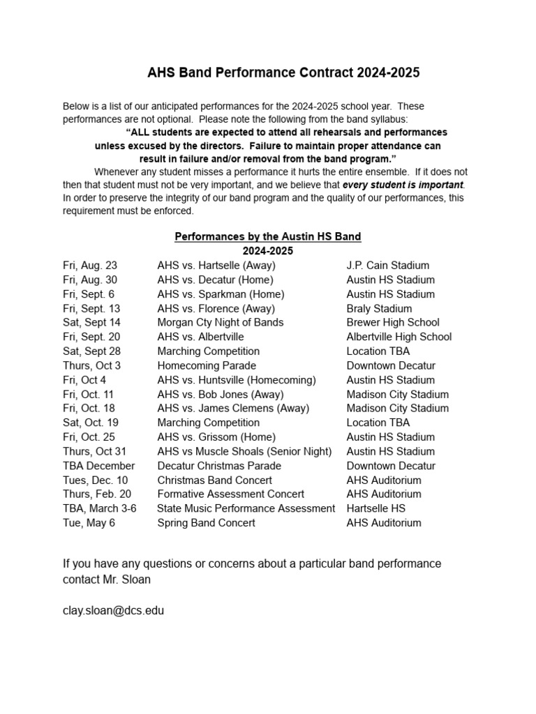 AHS Band Performance Schedule 2024-2025 | PDF