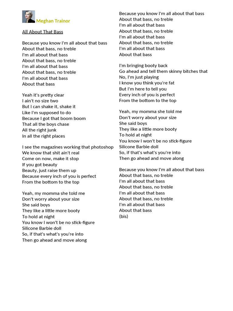 Meghan Trainor's "All About That Bass" Lyrics PDF Pop Songs Pop Music
