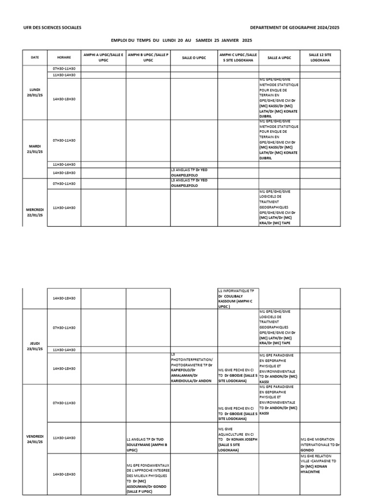 Emploi du temps UPGC Janvier 2025 | PDF | Enseignement des Arts ...