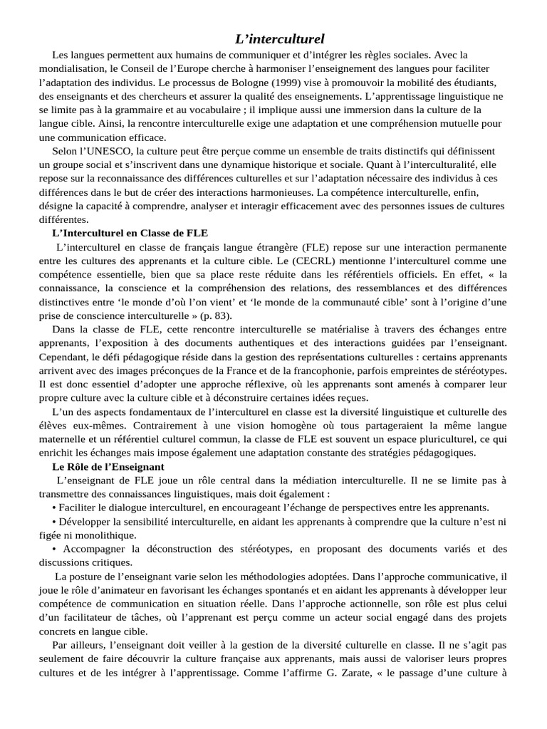 Définition de l'Interculturel en FLE | PDF | Interculturalisme | Pédagogie