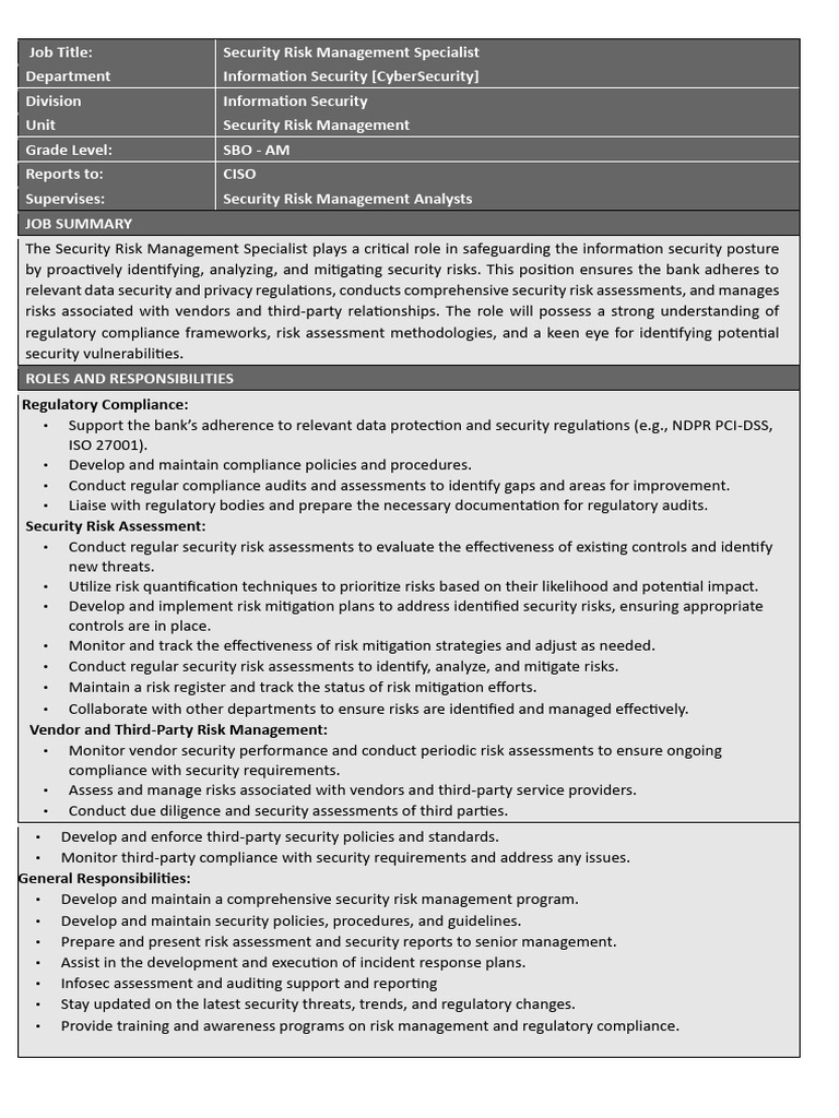 Security Risk Management Specialist Role | PDF | Computer Security ...