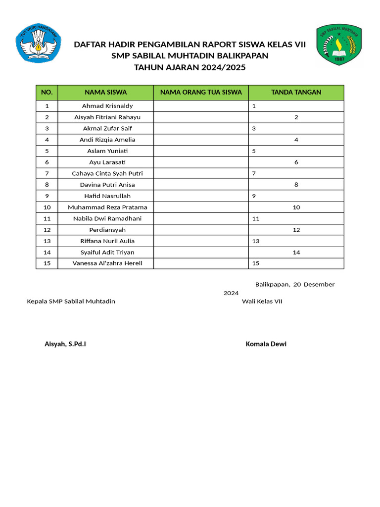 Daftar Hadir Raport Kelas VII & VIII SMP | PDF