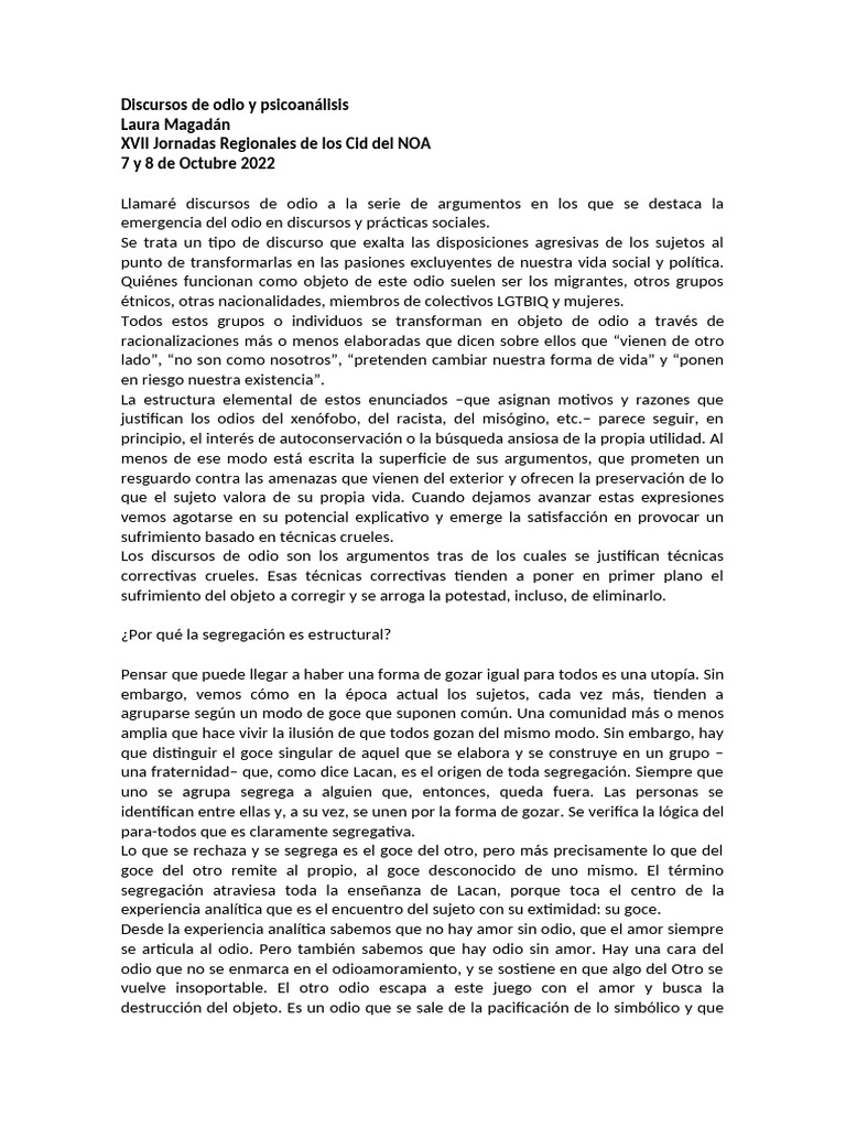 Discursos de odio y psicoanálisis social | PDF | Odio | Jacques Lacan