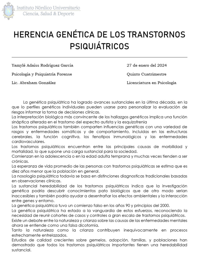 Herencia de la Esquizofrenia y Genética | PDF | Trastorno mental ...