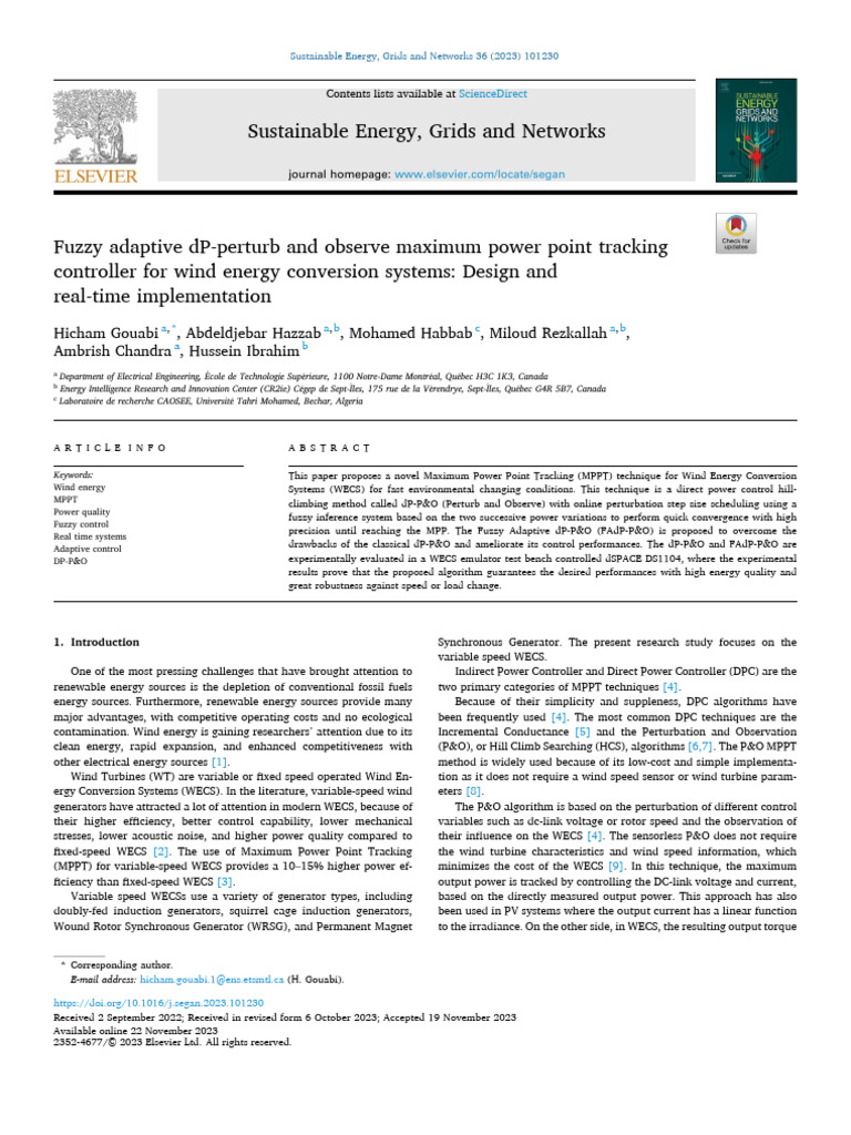 Fuzzy Adaptive MPPT for Wind Energy Systems | PDF | Electrical ...