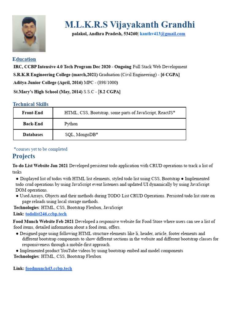 Aspiring Full Stack Developer Profile | PDF