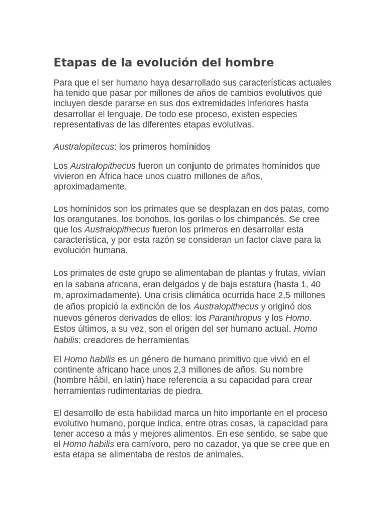 Etapas de La Evolución Del Hombre | PDF | Homo | Evolución humana