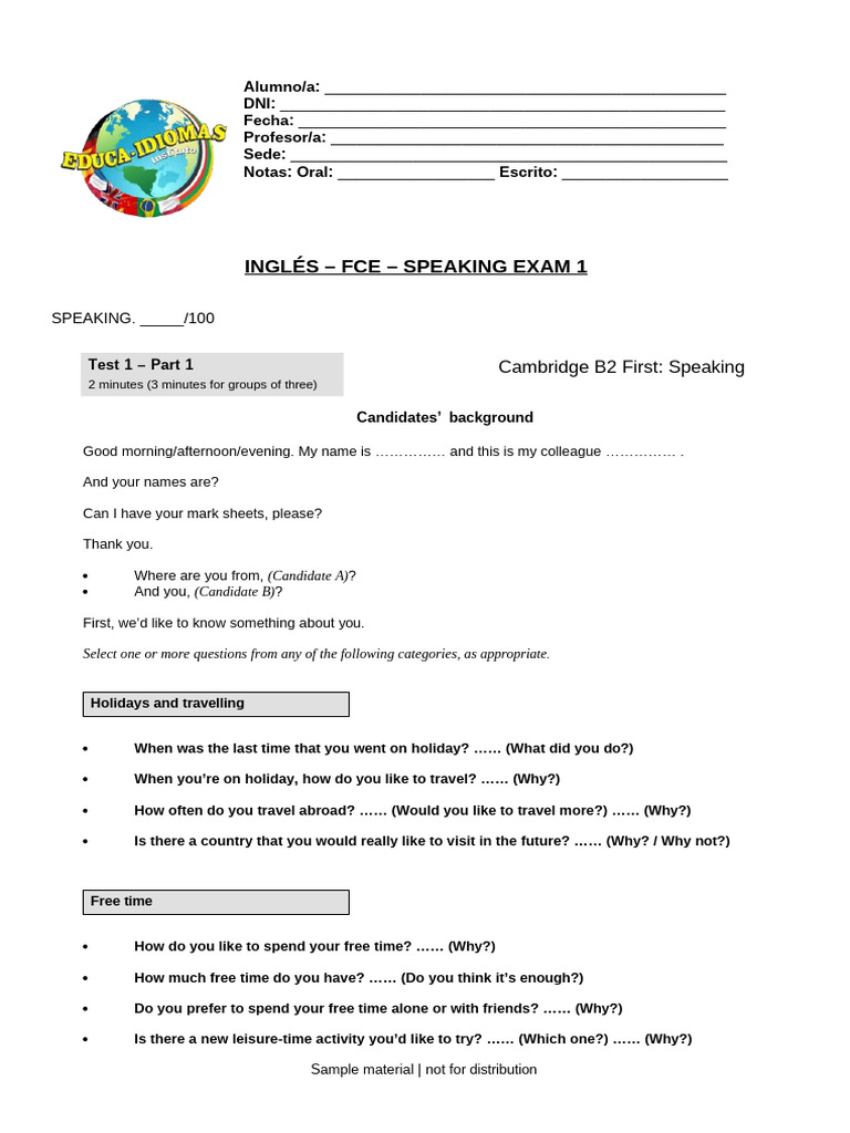 INGLÉS – FCE – SPEAKING EXAM 1 | PDF