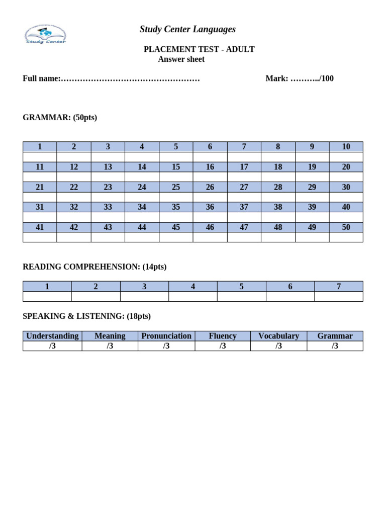 02 Adults' Answer Sheet | PDF