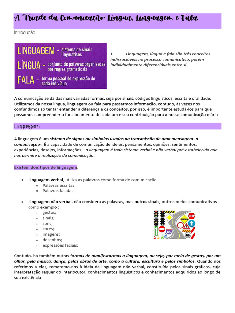 Tríade da Comunicação: Língua, Linguagem e Fala | PDF | Comunicação ...