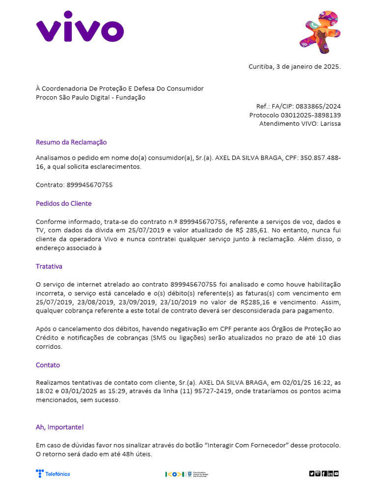 Reclamação Procon: Cancelamento Vivo | PDF