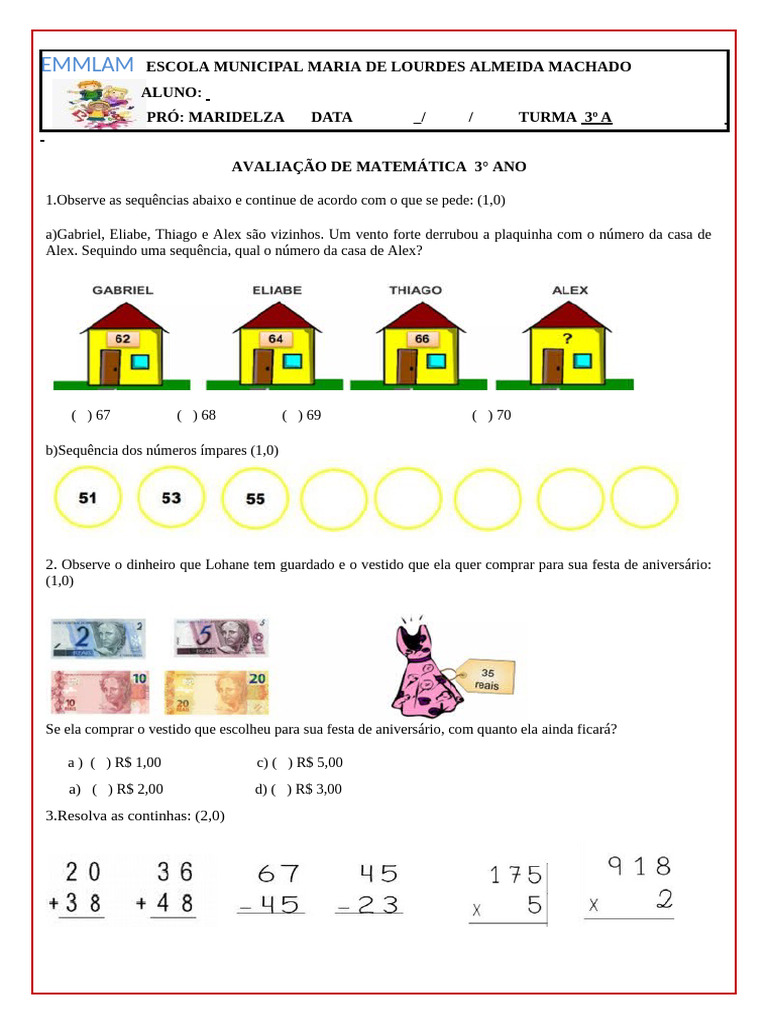 Avaliação de Matemática 3º Ano | PDF