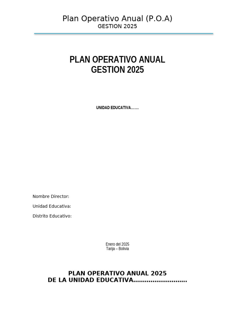 Plan Operativo Anual 2025 Unidad Educativa | PDF