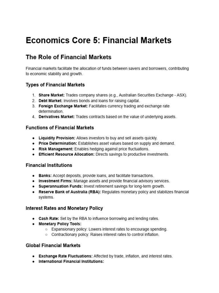 Core 4 Economics Yr 11 Notes | PDF | Financial Markets | Monetary Policy