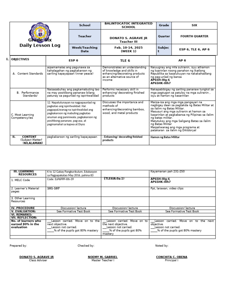DLL WEEK 1 q4 | PDF