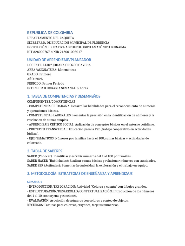 Plan de Matemáticas para Primer Grado | PDF | Aprendizaje ...