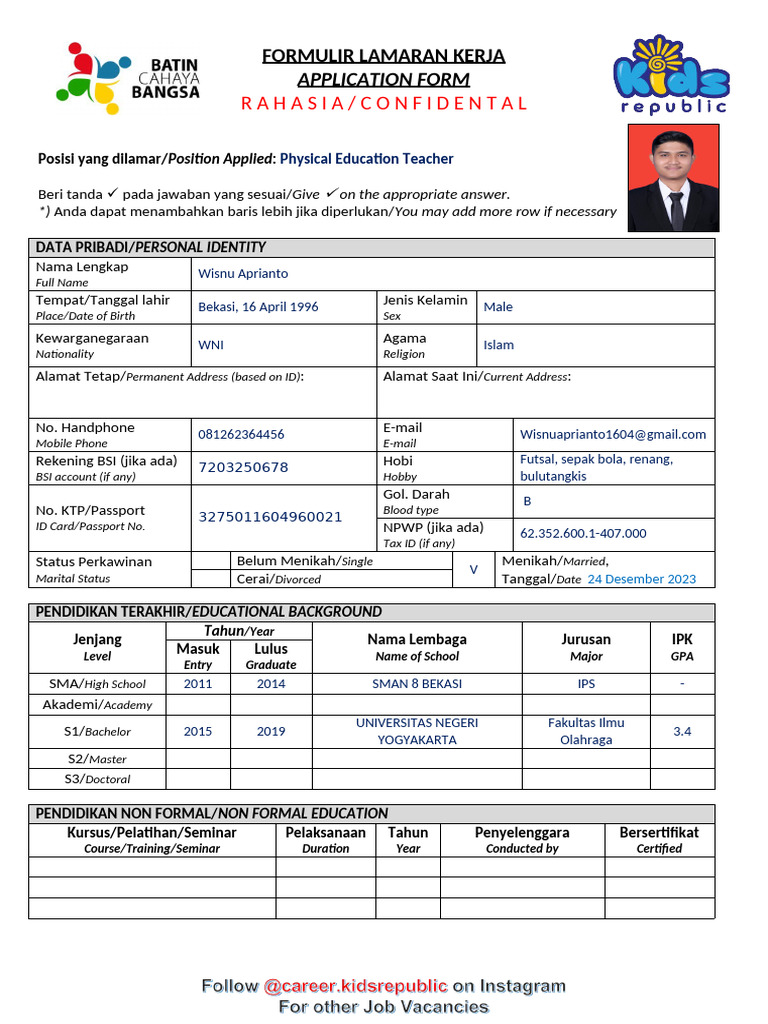 Formulir Lamaran Kerja Guru PJOK | PDF