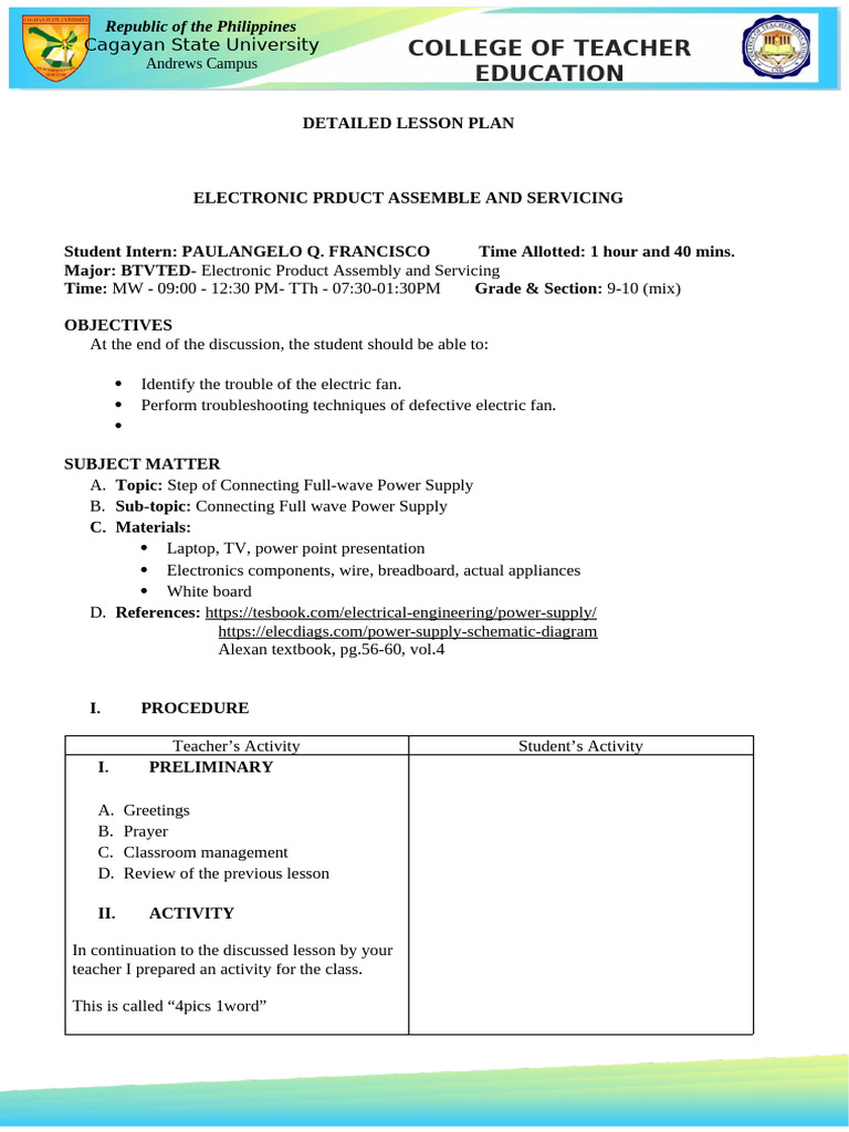 Detailed Lesson Plan: Electric Fan Troubleshooting | PDF | Electrical ...
