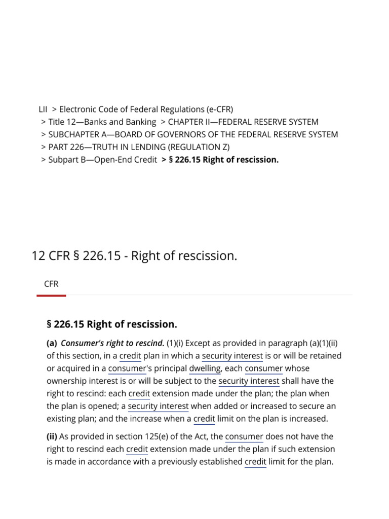 Right of Rescission Under Regulation Z | PDF | Truth In Lending Act ...