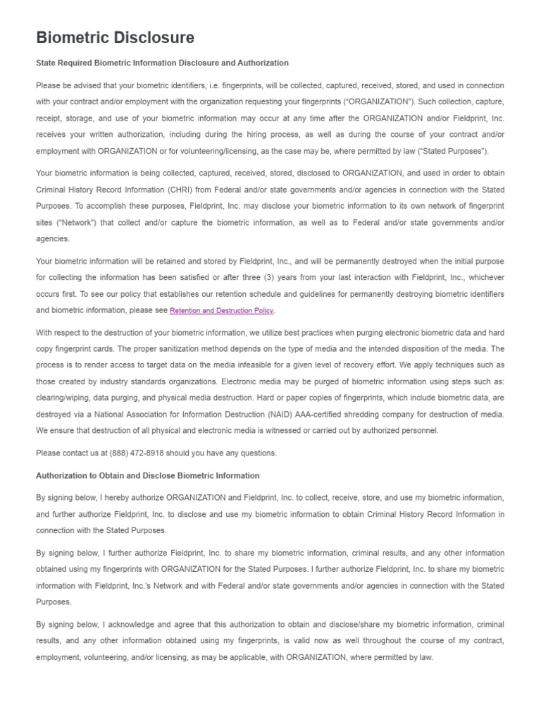 Biometric Information Disclosure Agreement | PDF | Criminal Record ...