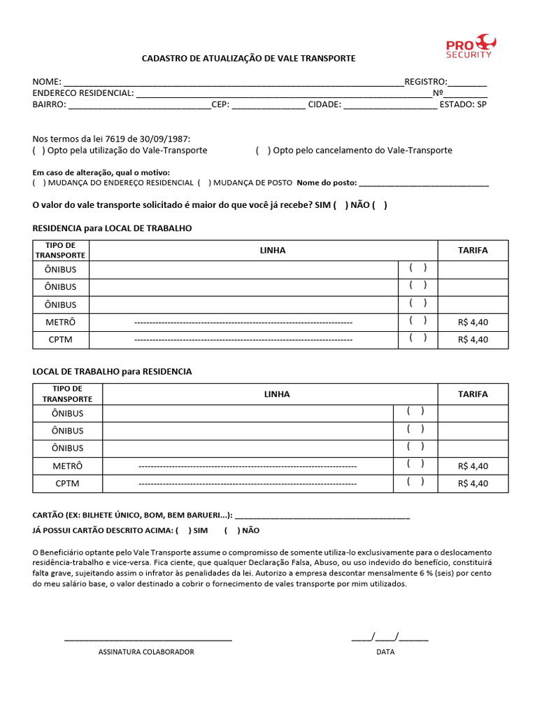 Atualização de Cadastro Vale Transporte | PDF