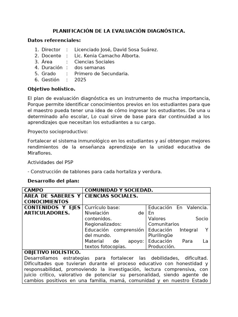 Plan de Evaluación Diagnóstica 2025 | PDF | Evaluación | Plan de estudios