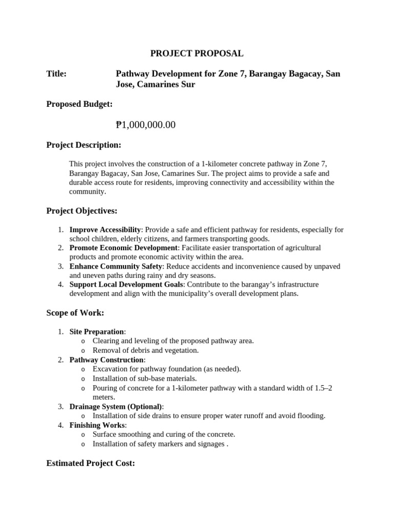 Pathway Project Proposal for Barangay Bagacay | PDF | Concrete ...